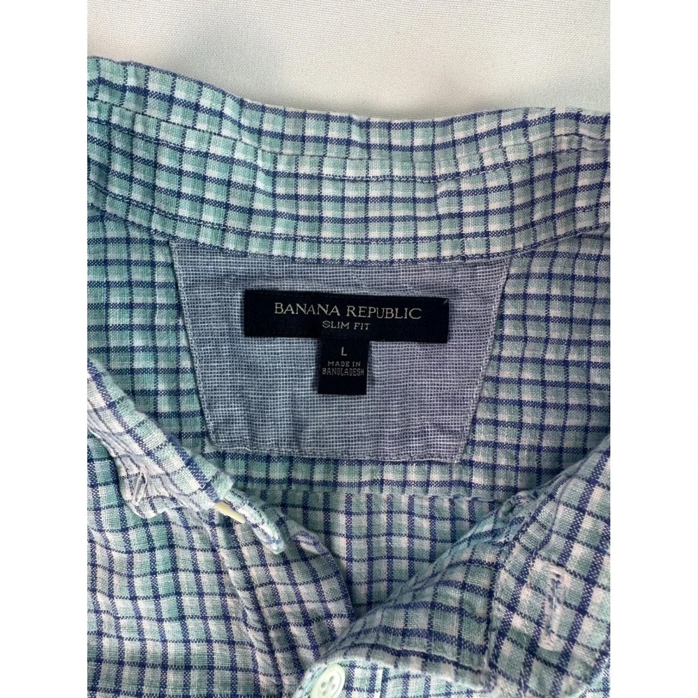 Banana Republic Slim Fit Linen Blend Men Sz L Blue L/s Button Down Plaid‎ Check